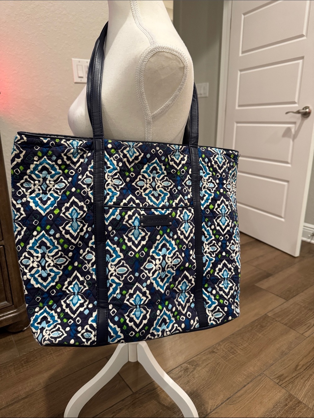Vera Bradley Navy Quilted Tote with Blue & Green Medallions